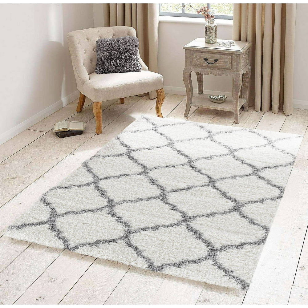 Supreme Shag Collection Soft White, Gray, Trellis Shaggy Area Rug
