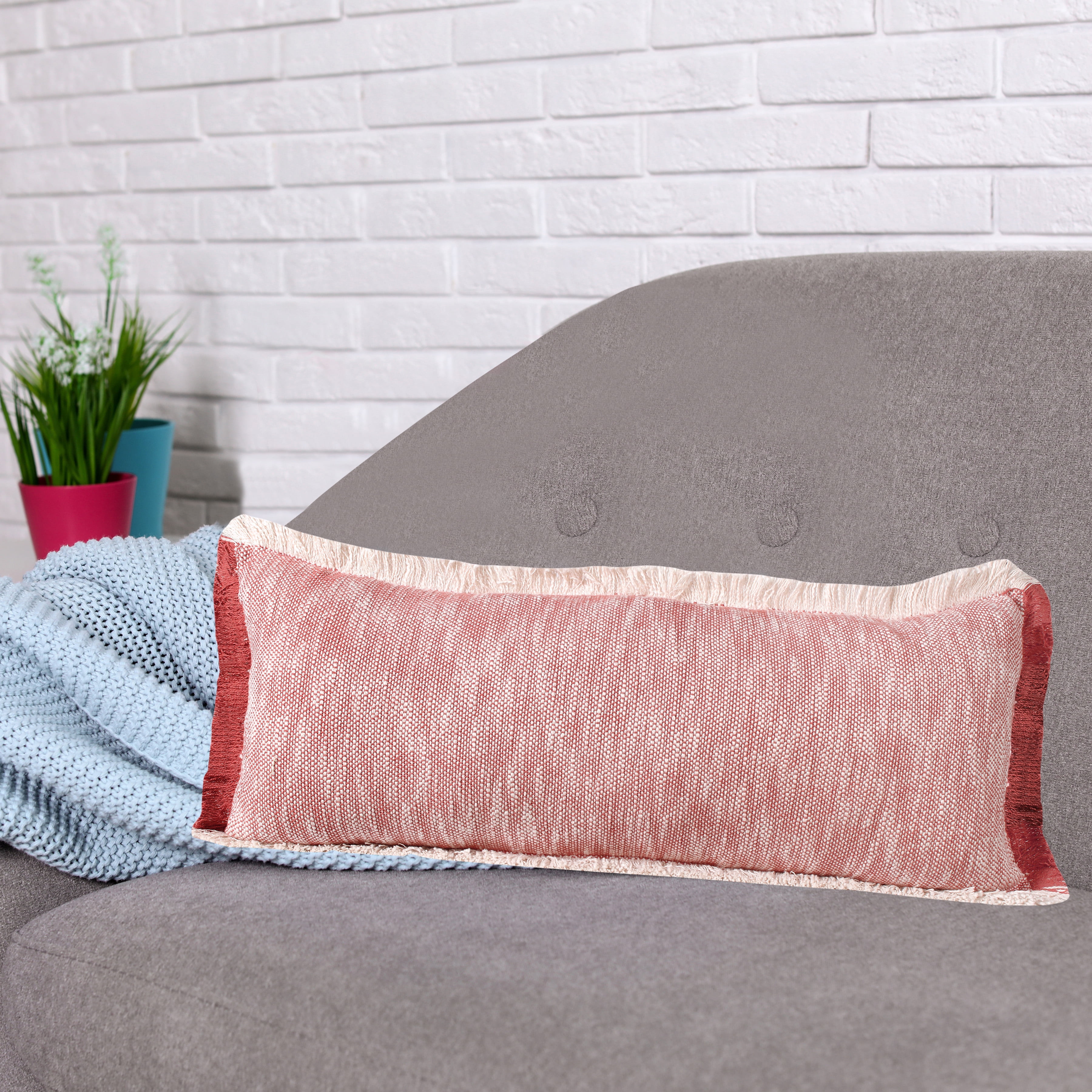 Woven Paths Bennett 14" x 36" Fringed Auburn Red Cotton Adult Decorative Throw Pillow