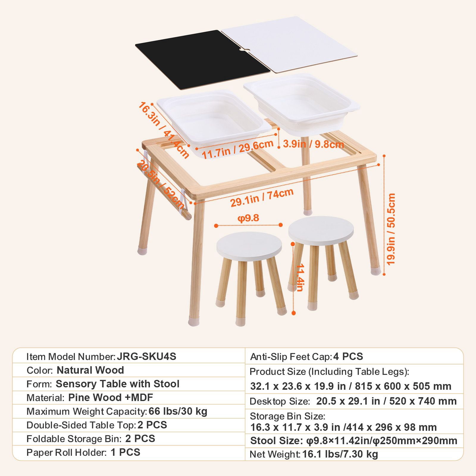 Sensory Table and Chairs Set, Toddlers Activity Table with 2 Stools, 2 Storage Bins & Paper Roll Holder, Indoor/Outdoor Play Sand and Water Table, Wooden Kids Sensory Table Gift for Boys Girls