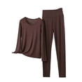 thumbnail image 2 of Seffadzy Women's Solid Color Pajama Set for Spring & Autumn, Crew Neck Long Sleeve Top & High Waist Tummy Control Long Pants Loungewear Suitable for casual home wear_Brown_5XL, 2 of 5