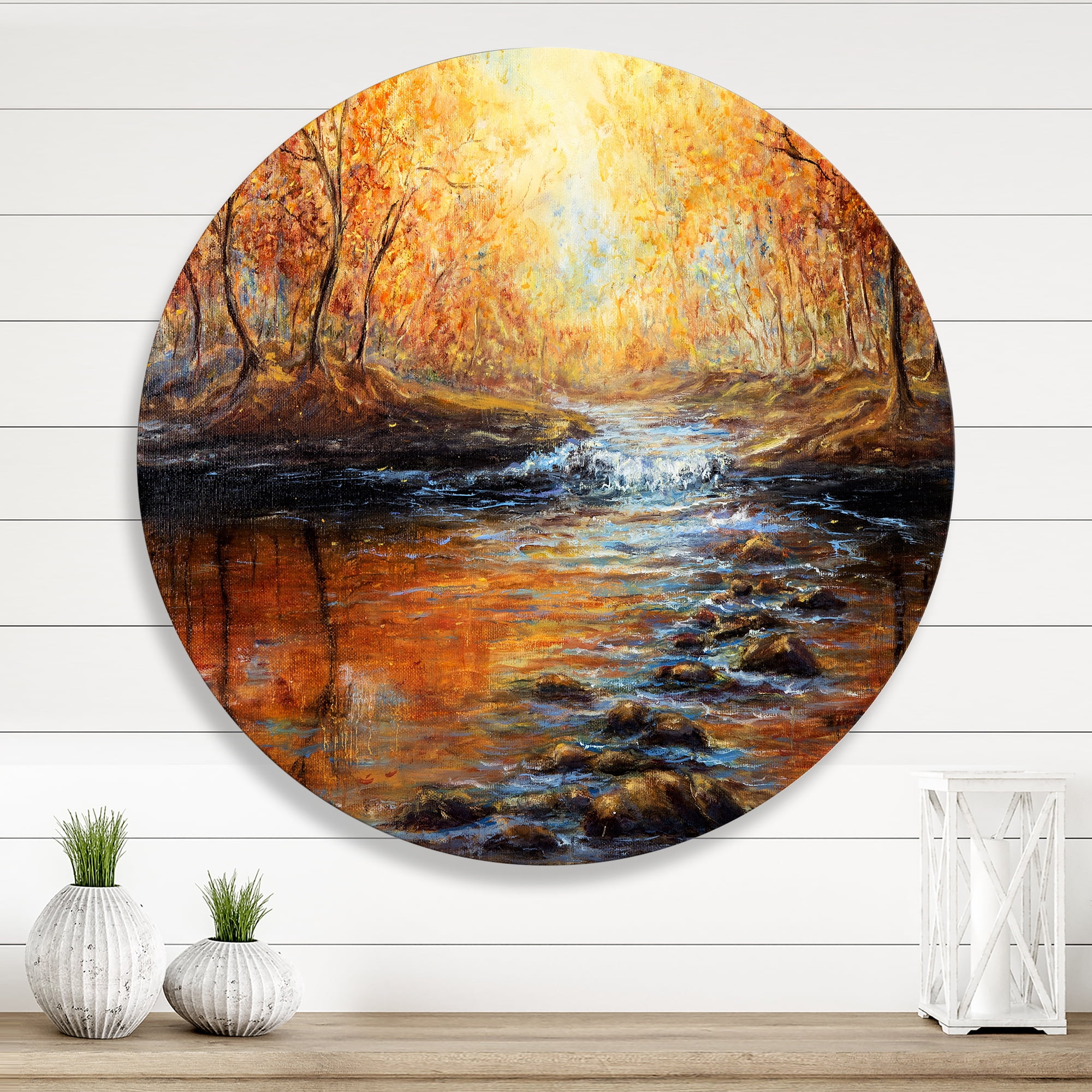 Designart 'Sunrise Glow In The Autumn Forest' Lake House Circle Metal Wall Art 11x11 - Disc of 11