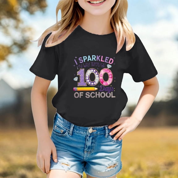 YM Toddler Shirts Girls 5t 100th Day Of School Graphic Short Sleeve T-Shirts 100 Days Of School Costume Cute Funny Tees Baby Girl Summer Clothes