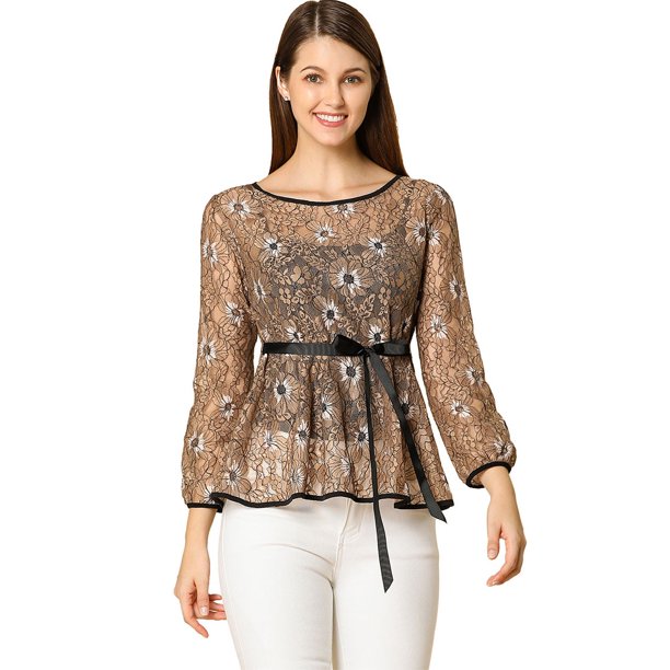 Allegra K Blusas Tops Peplum De Encaje Semitransparente De Manga Larga Con Cintura Anudada Para Mujer Marrón XS Unique Bargains Blusa