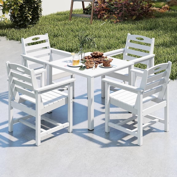 HDPE Outdoor Dining Set, 5-Piece All-Weather Patio Table with 2" Umbrella Hole, for Garden, Poolside, Backyard, Deck, White