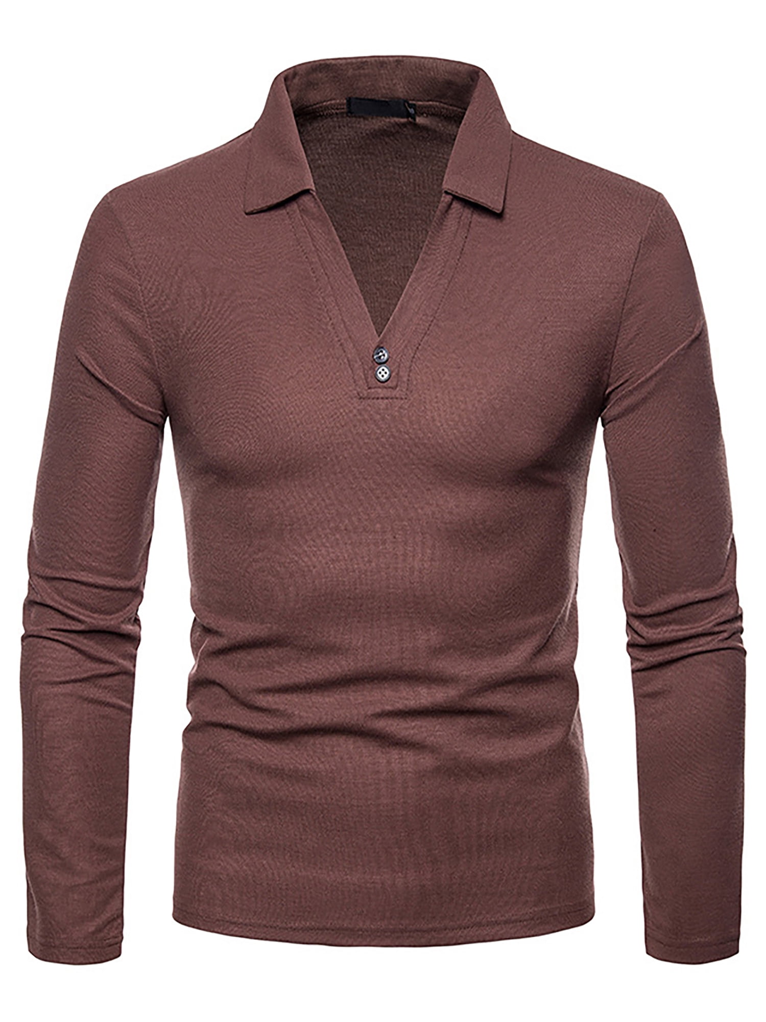Mens Long Sleeve VNeck Polo Shirt Casual Slim Fit Tops Solid Color