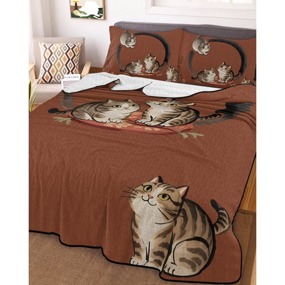 Brown Red Cute Cat Queen Size Down Alternative Comforter, Lightweight Comforter Quilt Bedding Set with Pillow Shams Modern Art All Seasons Bed Comforter Duvet Insert 90"x96"