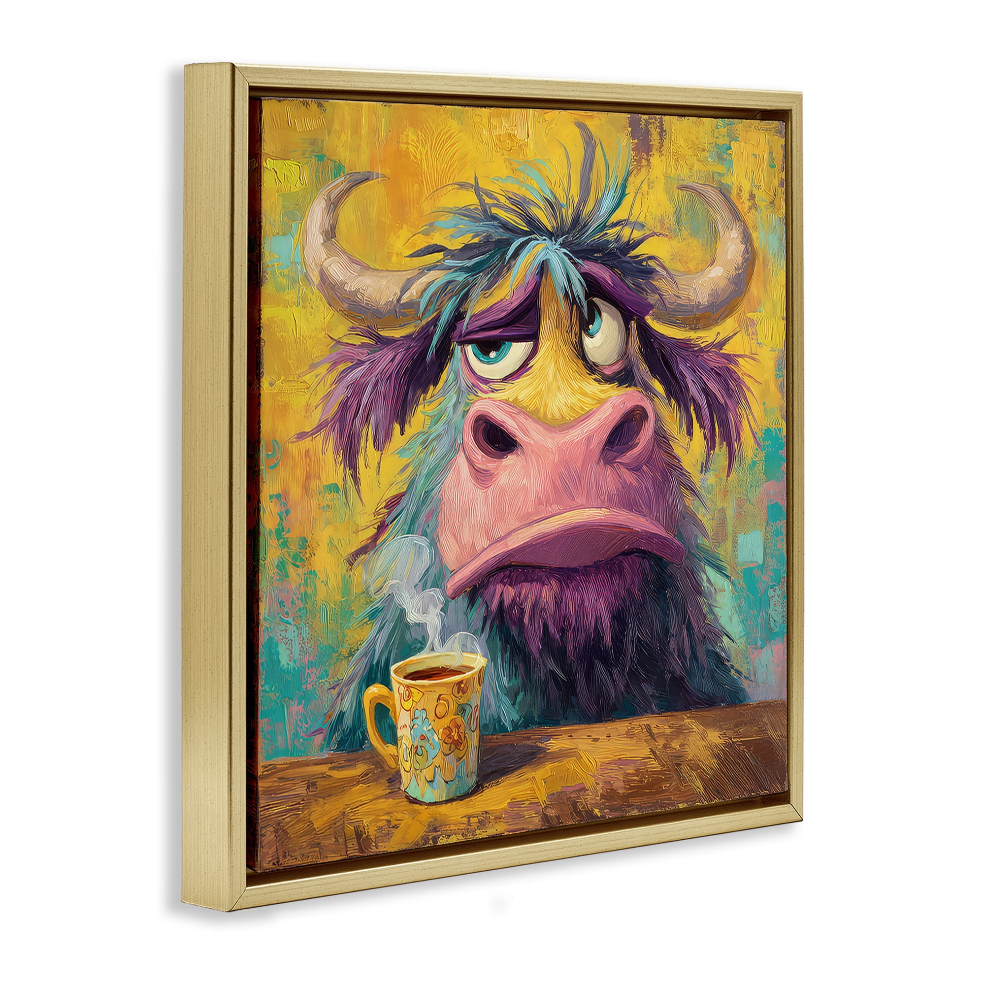 Stupell Industries Grumpy Cow & Mug Gold Framed Floater Canvas Wall Art, design by The Wands Want