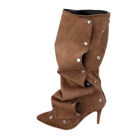 RXMEKW Over-The-Knee Boots for Women with Stacked Heel and Pointed Toe, Button Accent and Ruched Detail, Fashion Casual Long Boots