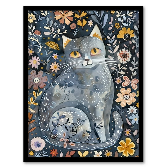 Artery8 Enjoying Garden Flowers Russian Blue Cat Lover Living Room Art Print Framed Poster Wall Decor 12x16 inch