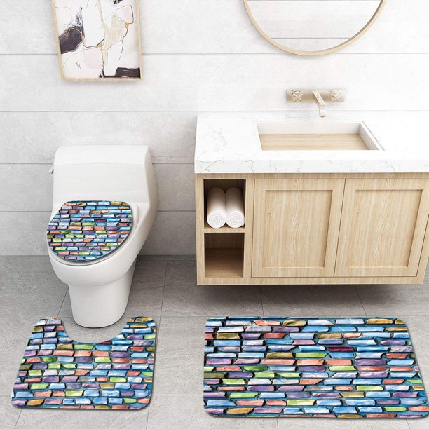 Gohao Geometric Colorful Mosaic Textured Sketchy Brick Wall Display Glossy Grid Modern 3 Piece Bathroom Rugs Set Bath Rug Contour Mat And Toilet Lid Cover Walmart Com Walmart Com