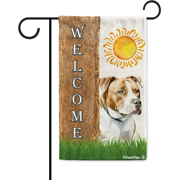 American Staffordshire Terrier Spring Summer Welcome Garden Flag Watercolor Dog Hides Behind a Tree Sun Outside Yard Decor Flag Banner 12.5X18 Inch Double Side