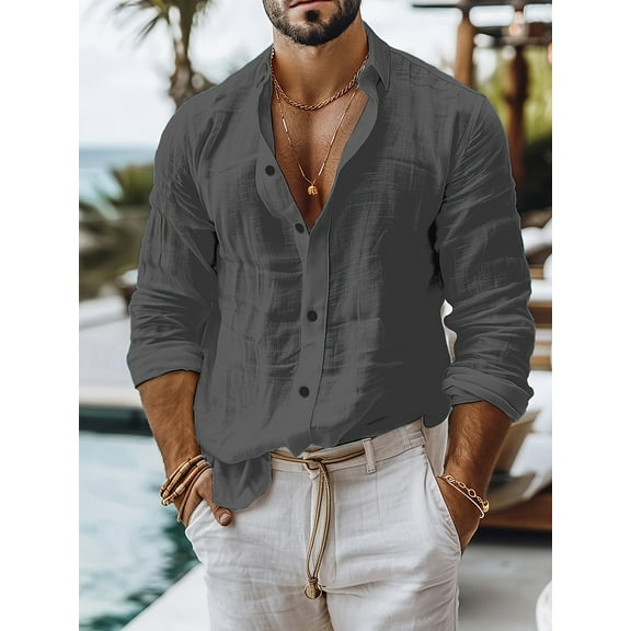Mens Cotton Linen Shirts Long Sleeve Casual Henley Shirts Banded Collar Lightweight Solid Color Summer Beach Shirt Holiday M-3XL Gray XL