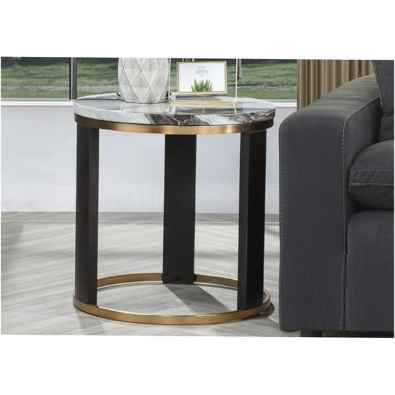 JERFIT 24 Inch Round End Table with Faux Marble Top & Gold Metal Base, Sofa Side Table for Living Room, Brown and Gold Accent