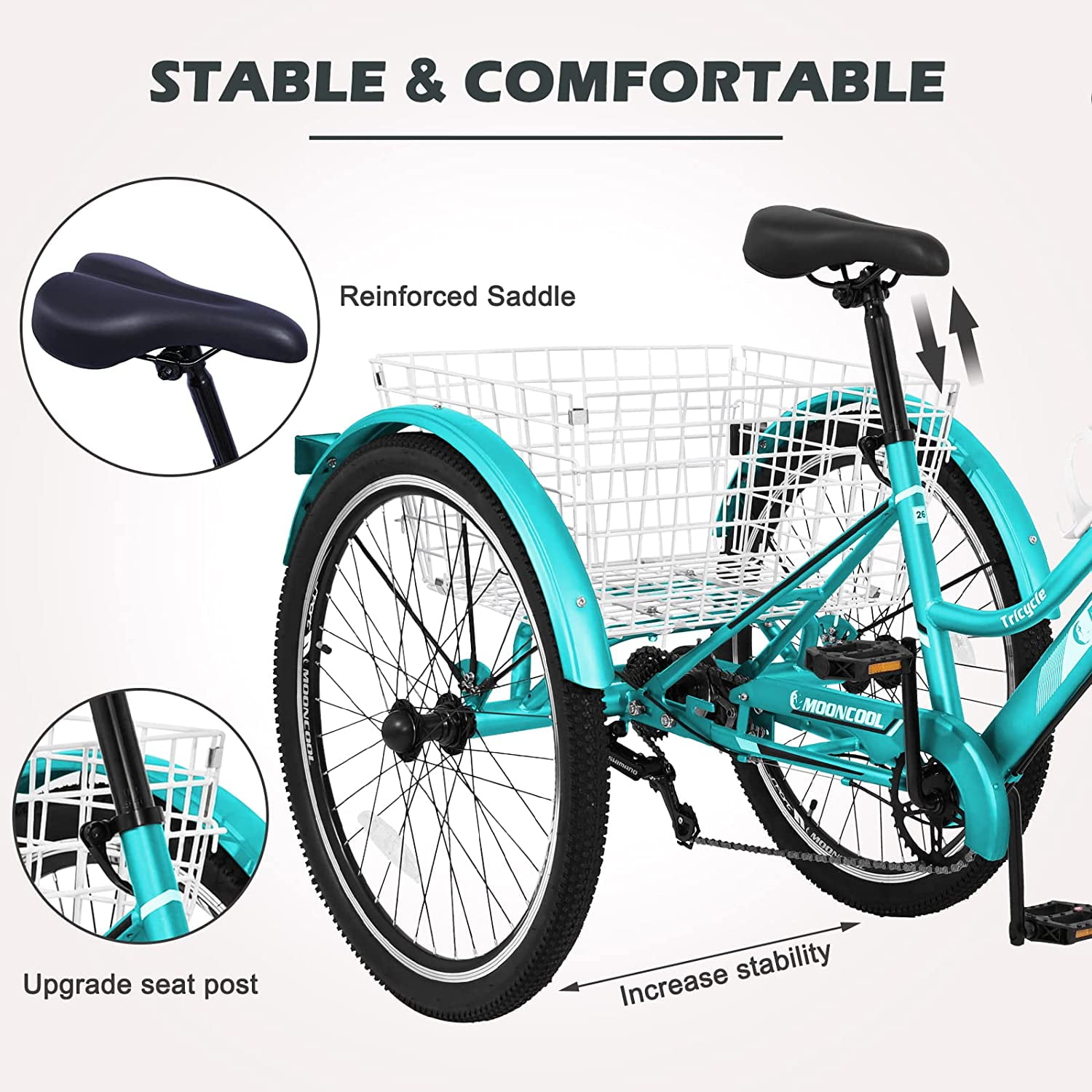 Lilypelle Adult Mountain Tricycle 24/26 Inch Low step through Mountain Bike Cruiser Trikes for Adults 7 Speed Three Wheel Trike Bicycle with Large Basket