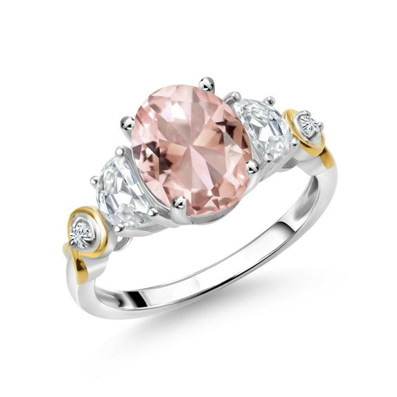 Gem Stone King 925 Silver and 10K Yellow Gold 3-Stone Ring Oval Peach Nano Morganite and Moissanite (2.50 Cttw, Size 9)