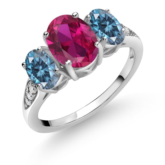 Gem Stone King 10K White Gold Red Created Ruby Persian Blue Moissanite and White Lab Grown Diamond 3 Stone Engagement Ring for Women (2.29 Cttw, Gemstone Birthstone, Size 5)