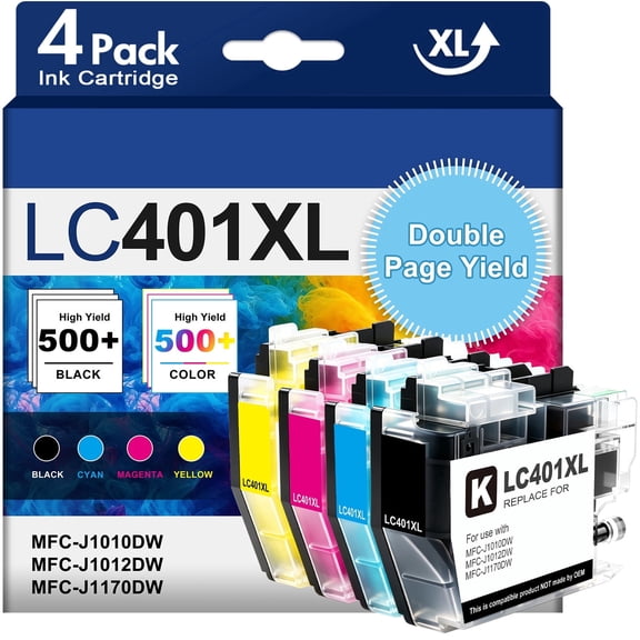 LC401  LC401XL Ink Cartridge for Brother LC401 LC401XL Ink for Brother MFC-J1010DW MFC-J1012DW MFC-J1170DW Printer (Black Cyan Magenta Yellow, 4 Pack)
