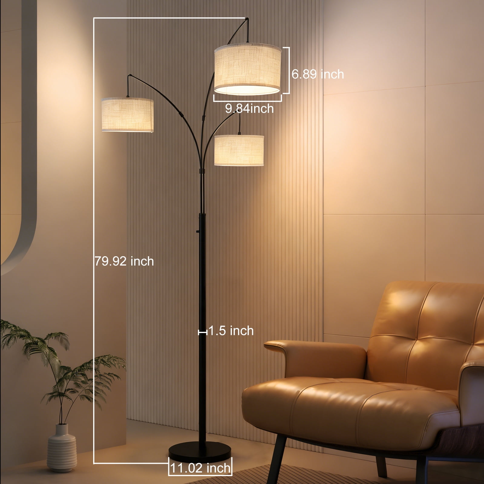 Anrotix Dimmable Arc Floor Lamp with 3 LED bulb Rotary Switch Modern Tall Standing Lamp Beige Shades