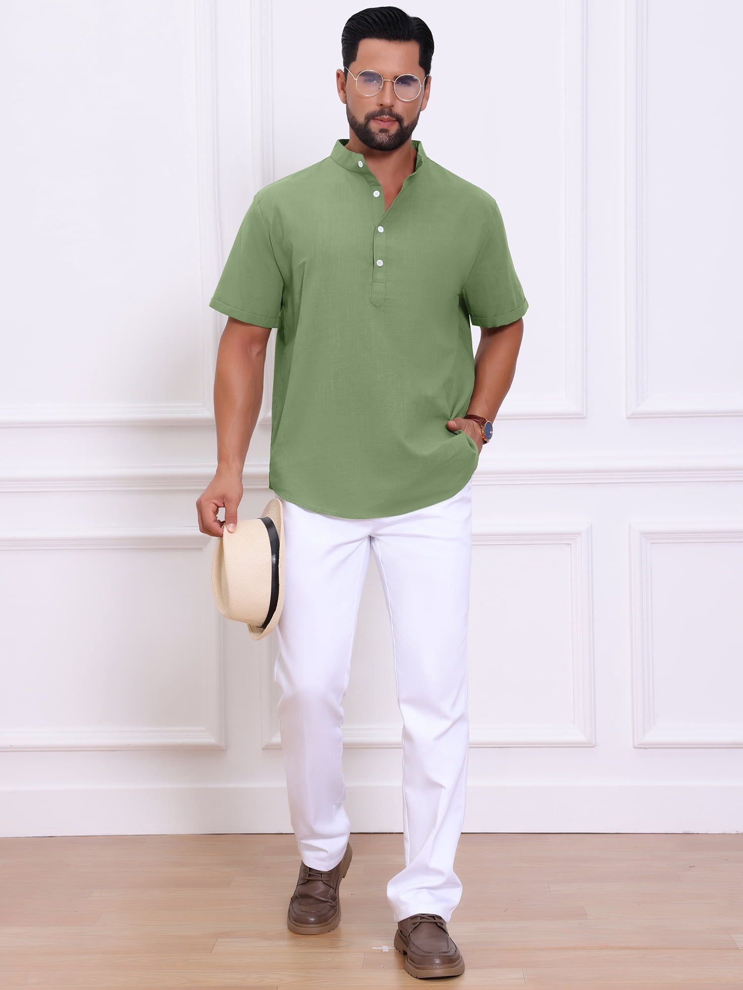 DARING DIVA Men's Solid Color Stand Collar Short Sleeve Henley Shirts 2XL Olive Green