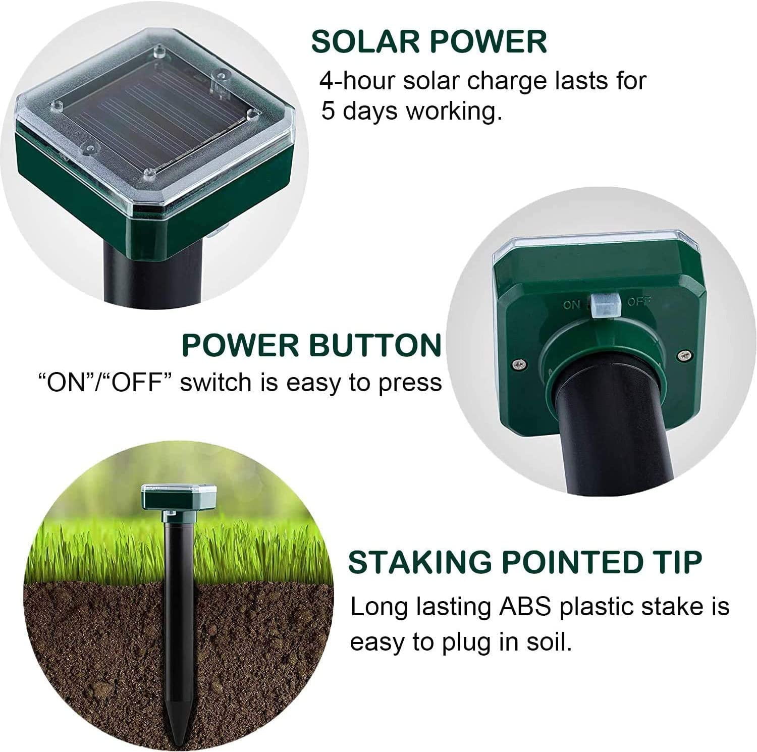 Pet Safe Pack of 4 Sonic Mole Repellent Solar Powered for Lawn Garden Yard, IP65 Waterproof Outdoor Ultrasonic Snake Repellent for Get Rid of Mole, Gopher, Snakes, Vole and Other Underground Pests
