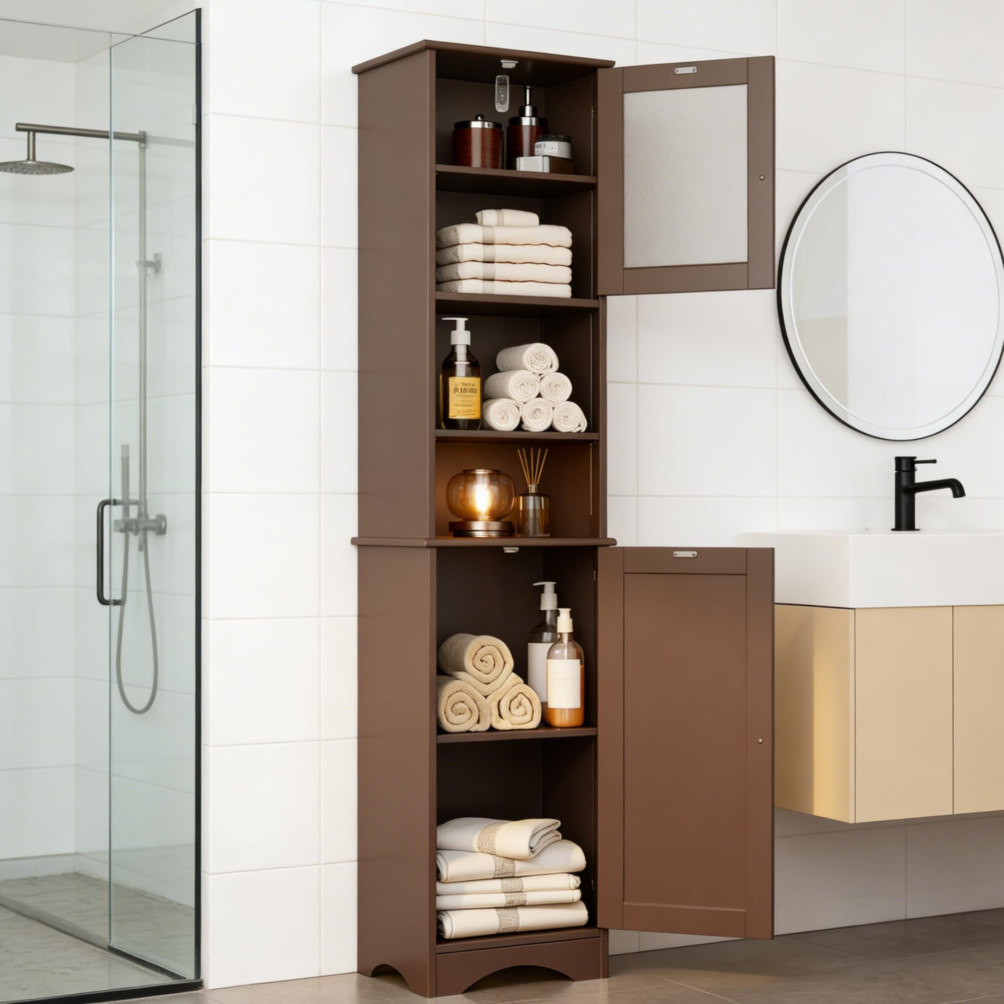 Tall Bathroom Storage Tower, 67.1" Bathroom Cabinet with Adjustable Shelves and Open Shelves for Bathroom, Living Room, Brown