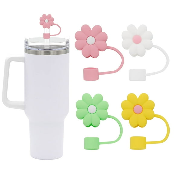 4Pcs 0.4in Diameter Cute Silicone Straw Covers Cap for Stanley Cup, Dust-Proof Drinking Straws Reusable Straws Tips Lids (4 PCS Flower Straw Covers)