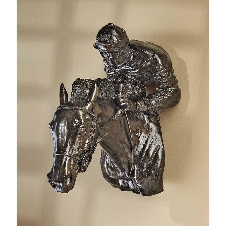 Horse And Jockey Wall Faux Bronze Sculpture Statue Decor