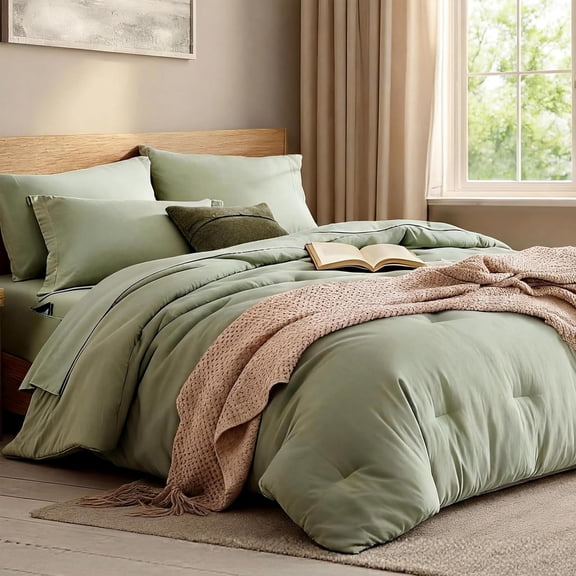 Soft Queen Bedding Set in Sage Green Includes Pillow Shams and Cases