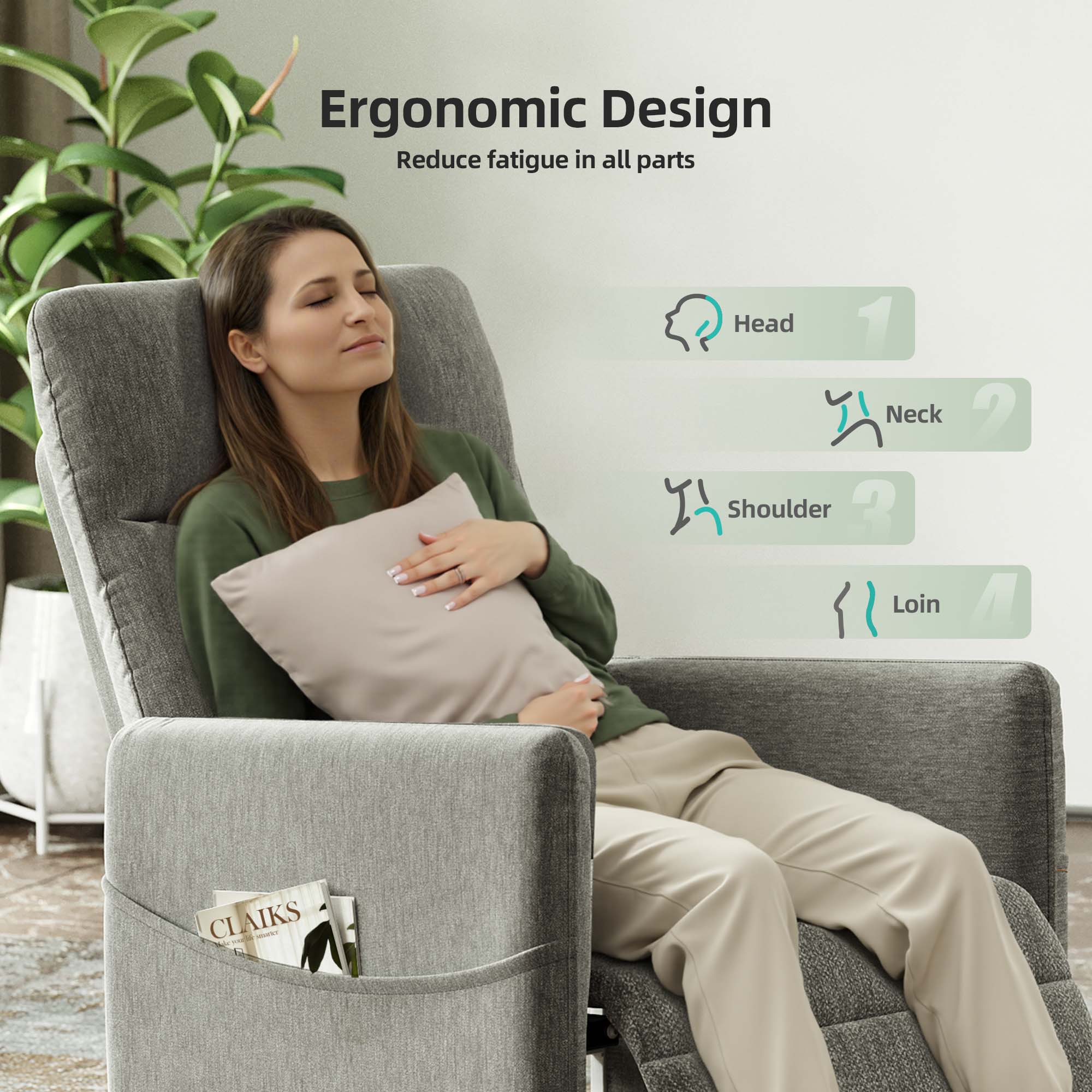 Miniyam Power Recliner Chair for Adults - Modern Fabric Electric Recliner Footrest, Padded Seat - Space-Saving Design for Living Room, Home Theater - Light Grey