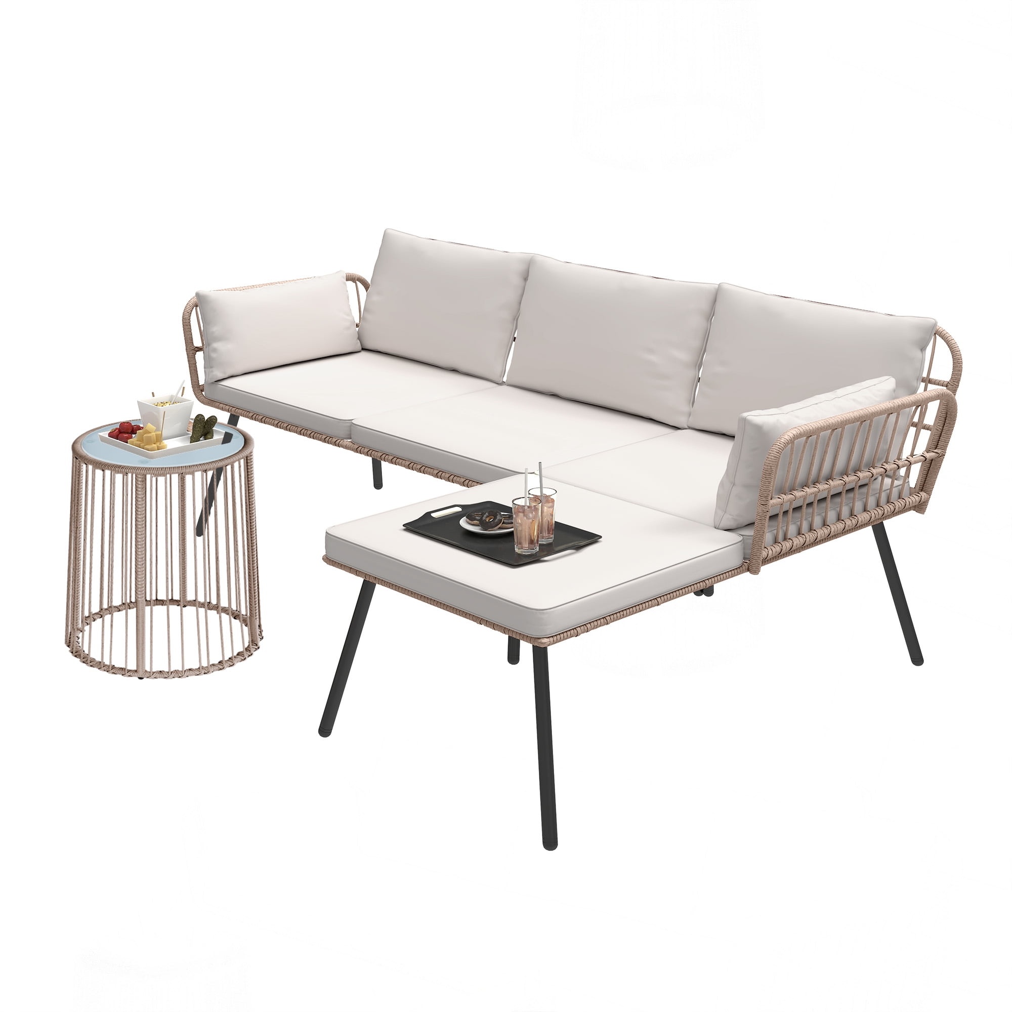 Uforic 3-Piece Outdoor Woven Rope Sectional Sofa Set Patio Furniture, L-Shaped Conversation Set w/ Table - Beige