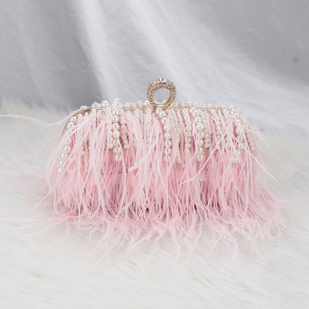 Bolso de piel de avestruz de lujo de moda, bolso de cena de alta sociedad europea y americana, bolso de cadena con anillo de diamantes y perlas