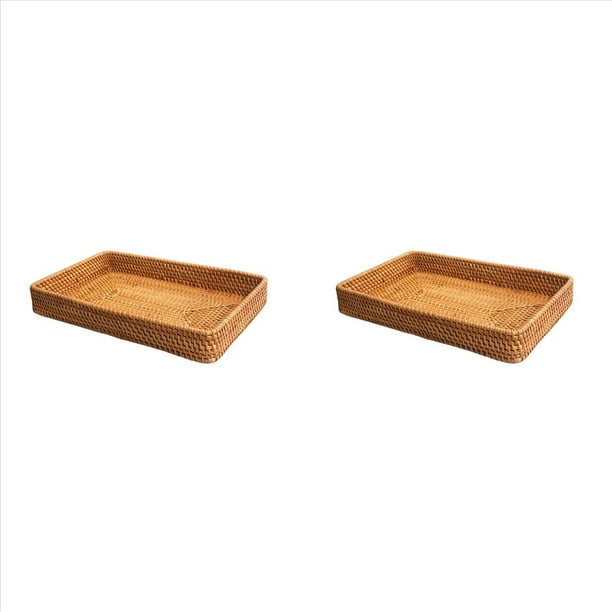 2X Cesta de Almacenamiento Tejida A Mano Bandeja de Almacenamiento de Ratán Cestas de Mimbre Pan Fruta Comida Desayuno Caja de Exhibición Decoración del Hogar -A