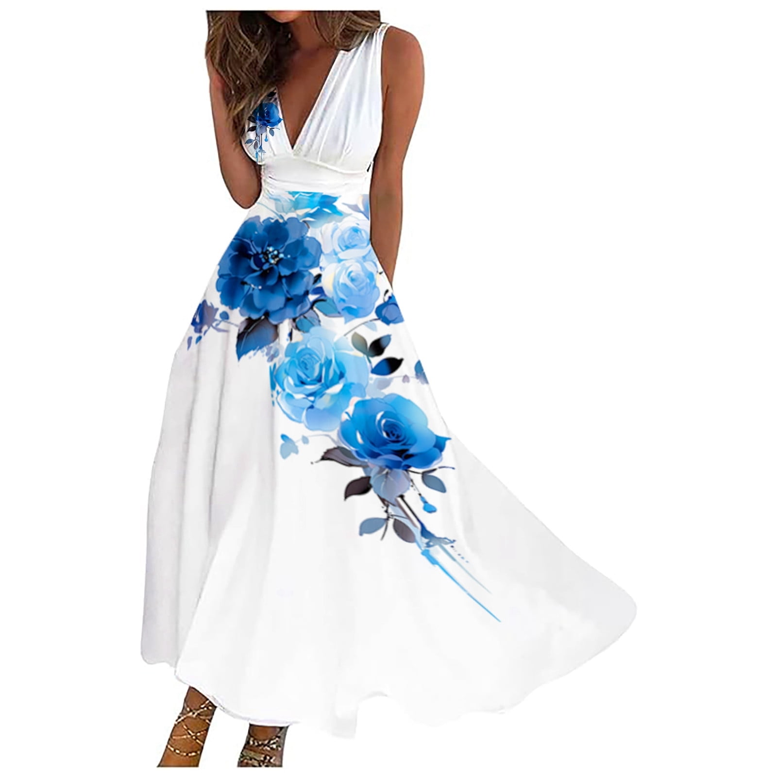 Womens Dress Mature Womens Dresses Ladies Fashion Casual V Neck Floral Print Sleeveless Dress Long Dress Adult Female Clothes Blue Size M