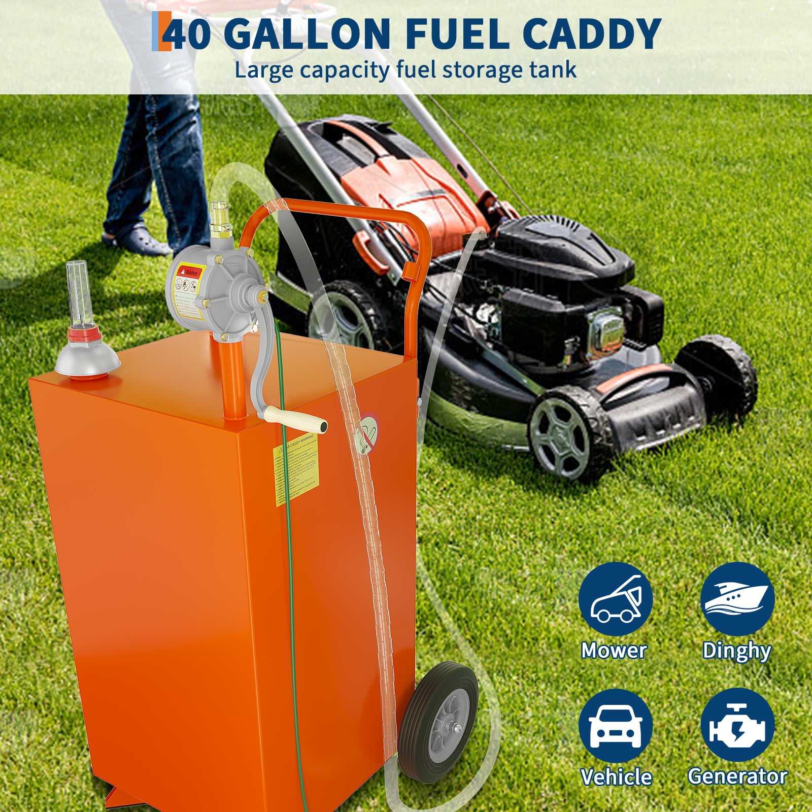 AOILE 20/30/35/40 Gallon Fuel Caddy with Manual Rotary Pump, Portable Gas Storage Tank with 2 Wheels, Easy Transfer for Cars, Boats, ATVs, and Lawn Mowers