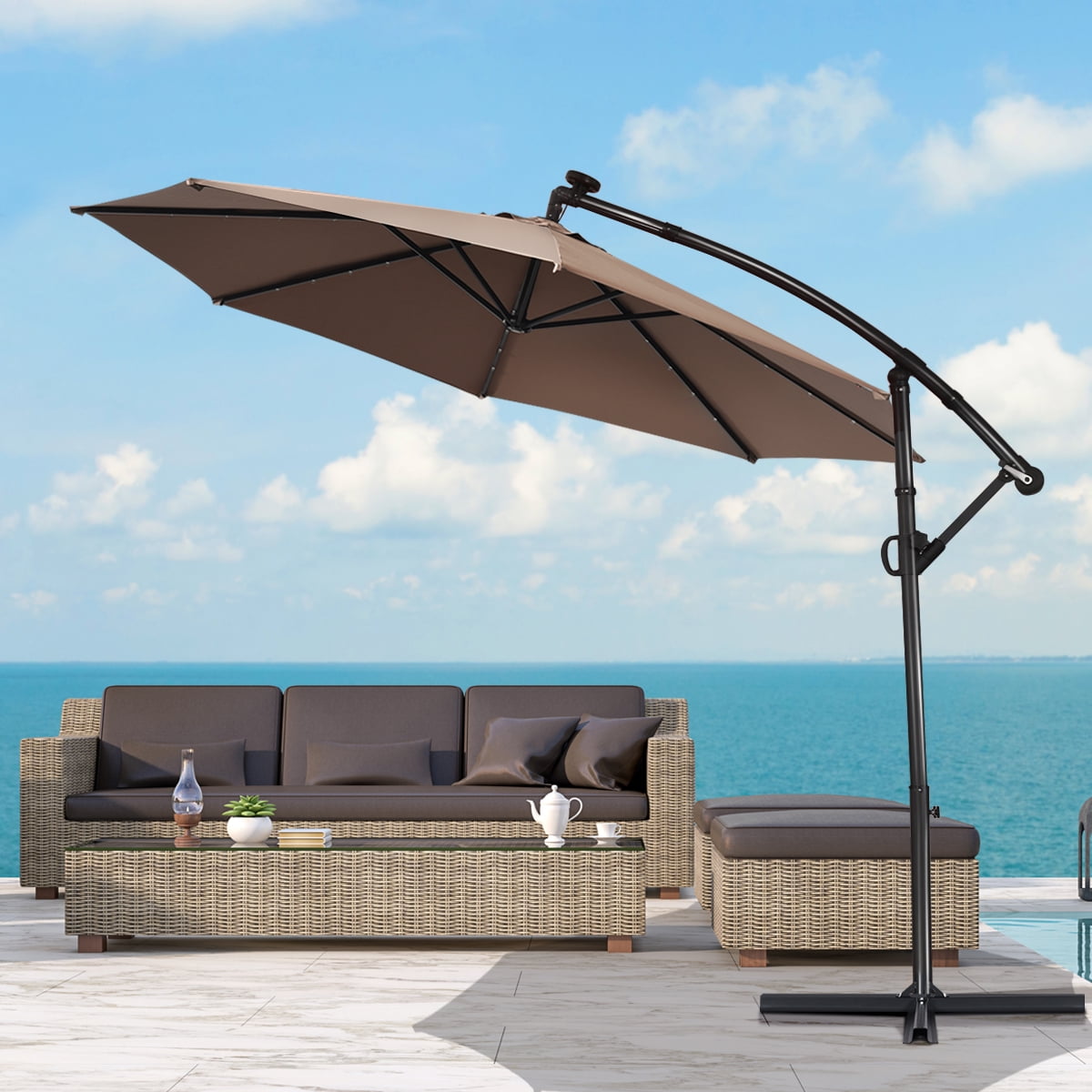 Costway 90" Brown Cantilever Patio Umbrellas, LED Lights