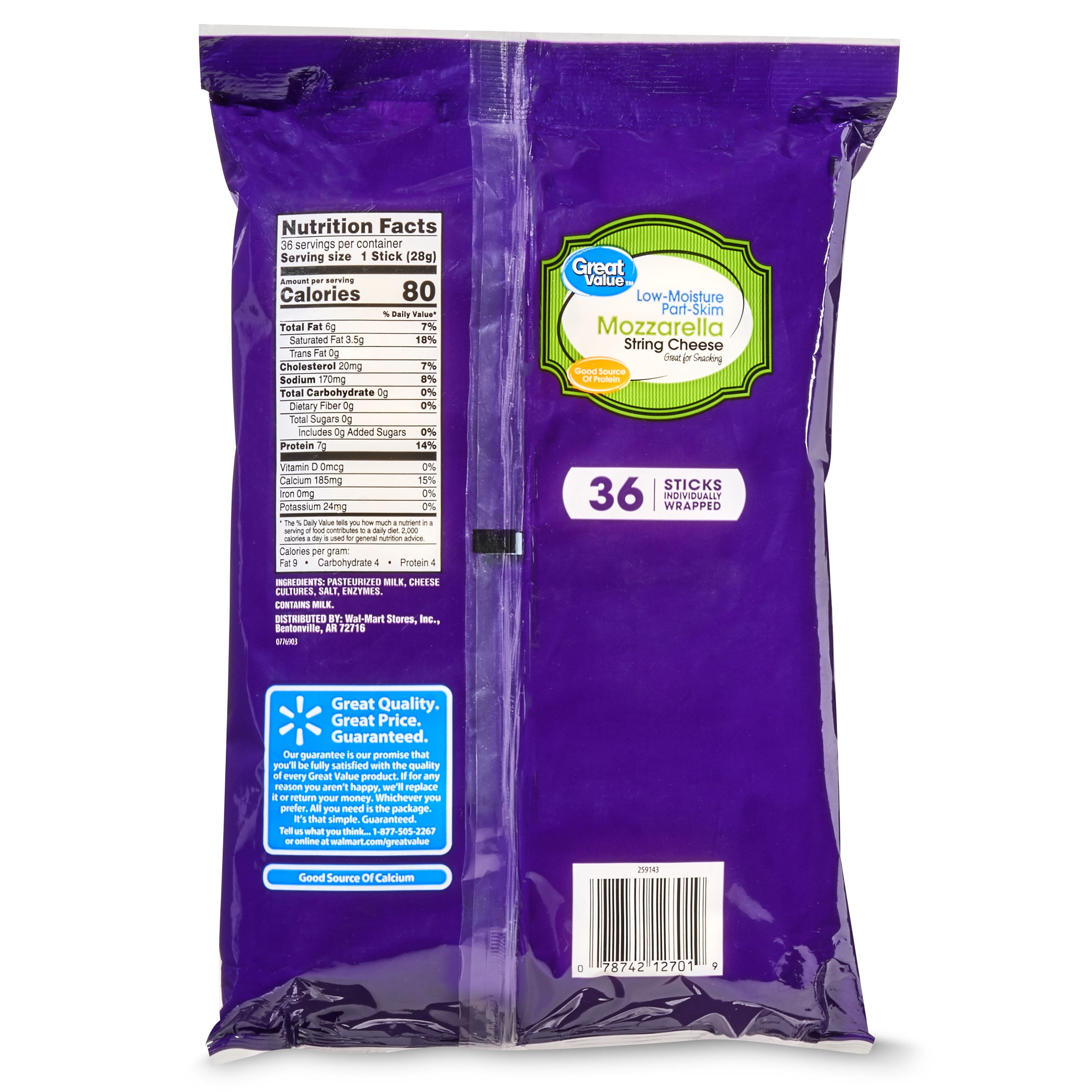 Great Value Mozzarella String Cheese, 36 oz Bag, 36 Count