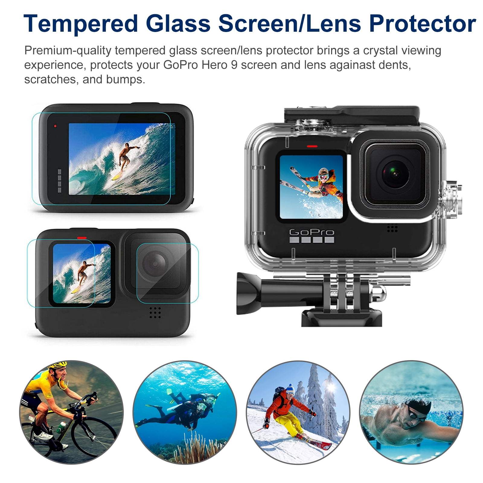 Pauplian Black case Accessories for GoPro Hero9+Battery Cover+3PCS Tempered Glass Screen Lens Protector+1PCS Lens Cap Cover for Hero9 Housing Border Protective with Quick Pull Movable Socket and Screw