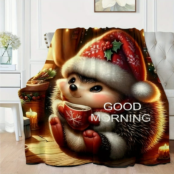 Cozy Christmas Hedgehog Flannel Throw Blanket - Soft, Warm & Lightweight for Couch, Bed, Travel, Camping | Digital Printed Comfort, for Christmas, Autumn