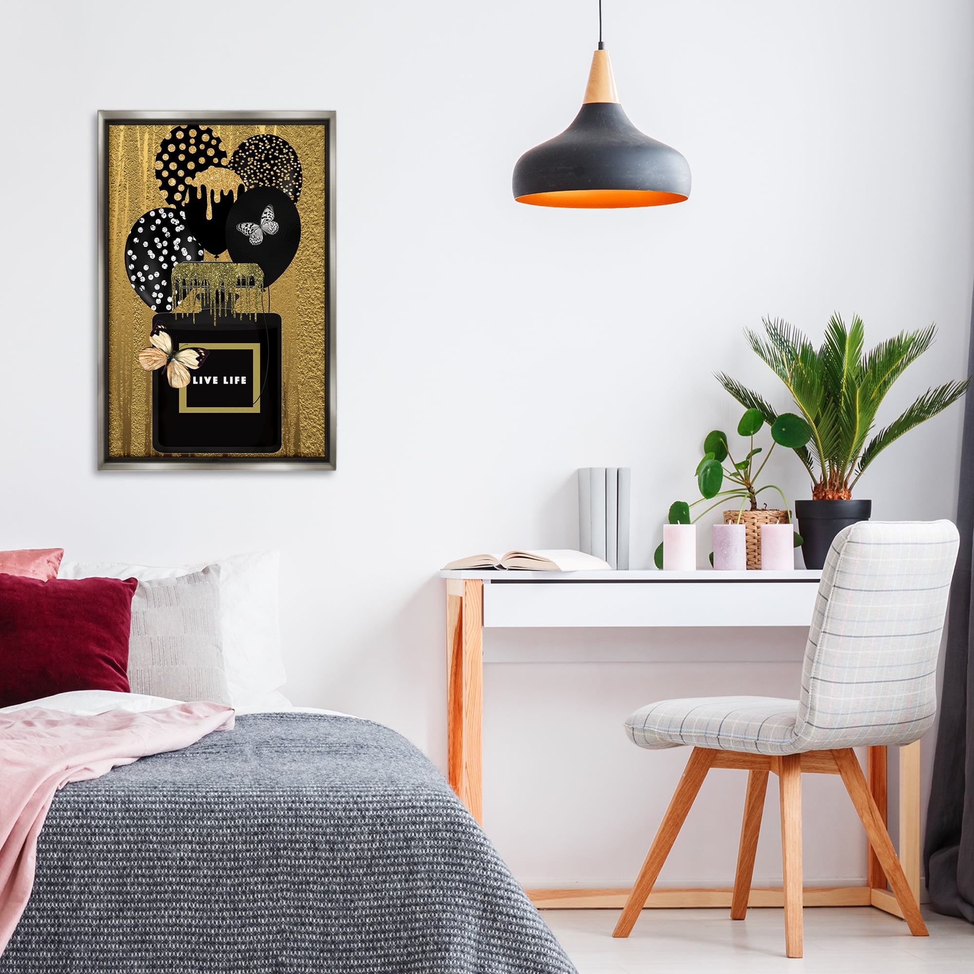 Stupell Industries Live Life Gold & Black Fashion Painting Gray Floater Framed Canvas Art Print Wall Art, 21 x 31