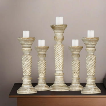 Traditional Antique White Eco-friendly Handmade Mango Wood Set Of Five 9",12",15",12" & 9" Pillar Candle Holder for use, Living Room, Dinning Room, Study Room, Spa, Restaurants, Place Of Worship, etc