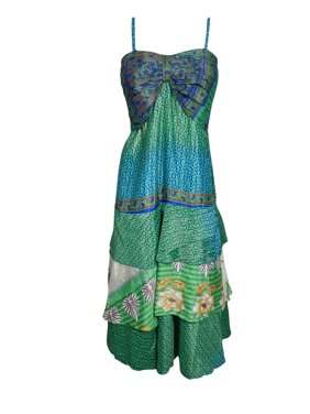 Mogul Womens Silk Sari Dress Sexy Spaghetti Strap Vintage Printed Dress S/M