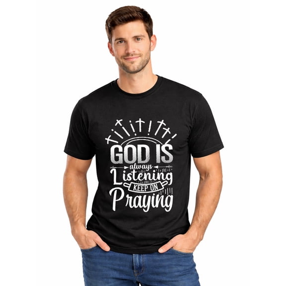 Greenink Graphic Short Sleeve T-Shirt for Men Regular Fit Crewneck with Praying Faith Tee Soft Cotton Fabric on Black Fabric