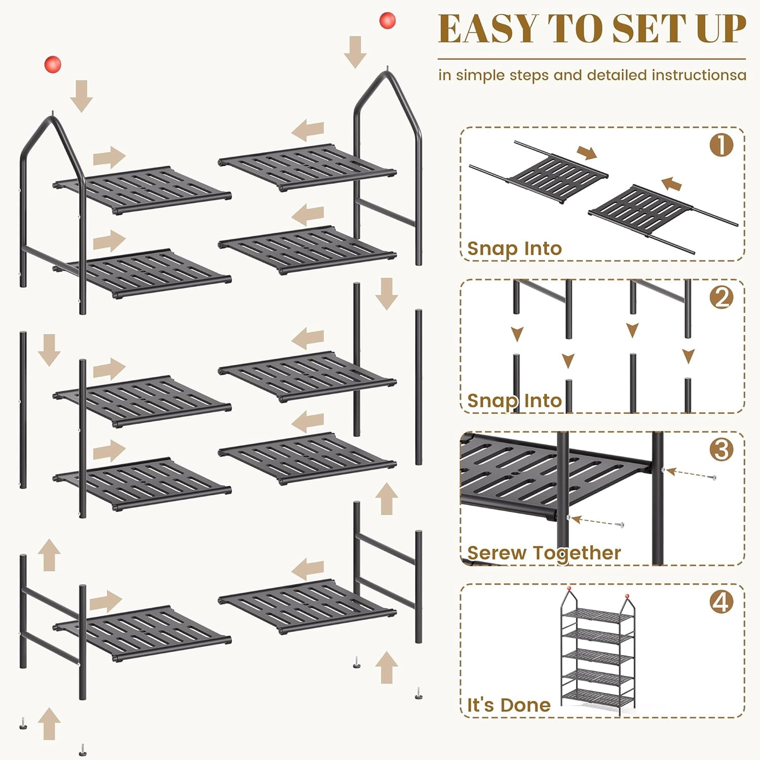 5-Tier Shoe Rack, Metal Storage Shelf, Black, Sturdy Shoe Organizer for Closet, Entryway & Garage