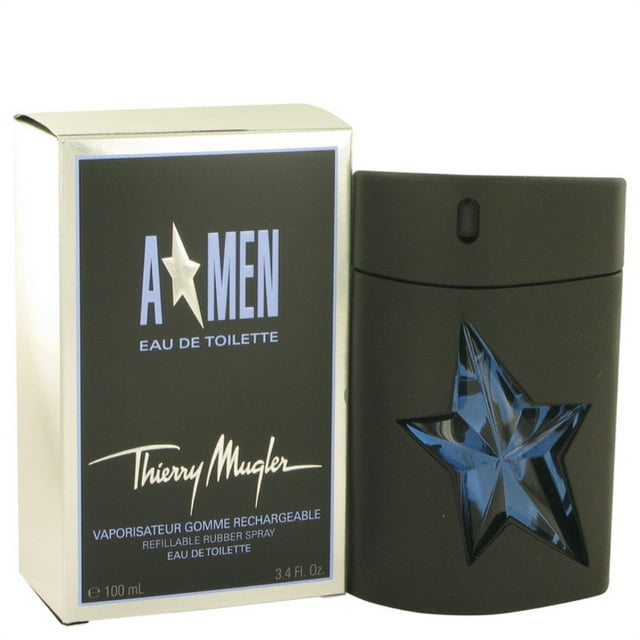 3.4 oz Eau De Toilette Spray Refillable (Rubber) by Thierry Mugler, featuring a black rubber bottle with a blue star design and a matching box labeled 'A*Men Eau de Toilette.' This men's fragrance, launched in 1996, offers a sharp, oriental, woody scent with notes of mint, coffee, caramel, lavender, and tar. Suitable for daytime wear.