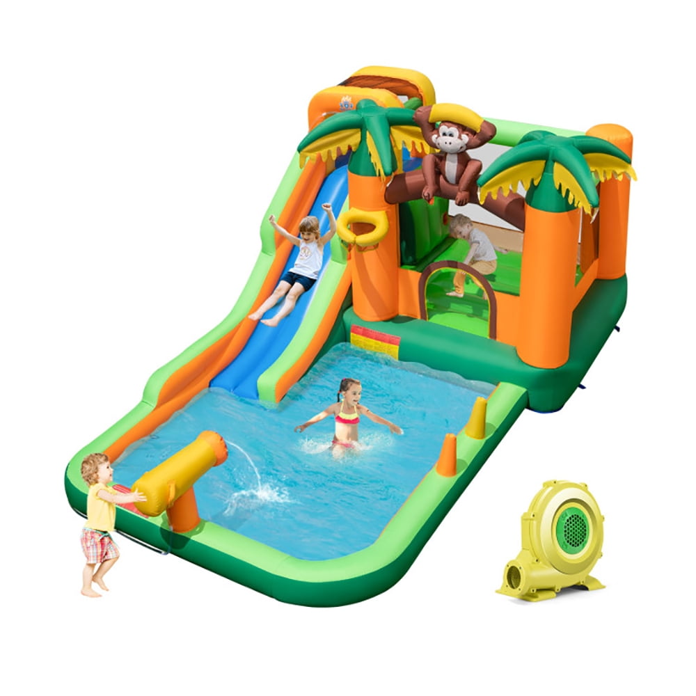 Yardi Yard Monkey-Themed Inflatable Water Slide with Jumping Area and Pool, Inflatable Water Slide with 680W Blower, Inflatable Water Park for Kids, Multi-color