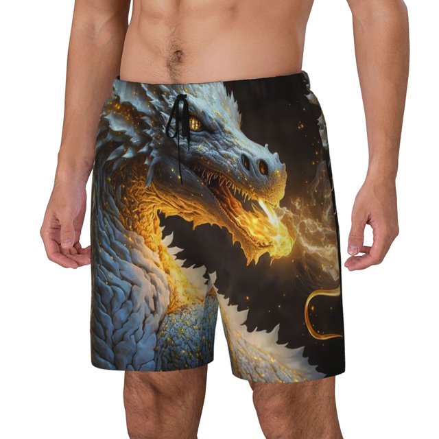 Bingfone Dragon de Feu Doré Blanc pour Hommes Maillots de Bain Double Couche avec Doublure, Style à Cordon avec Poches Shorts de Plage Maillot de Bain Homme-Grand