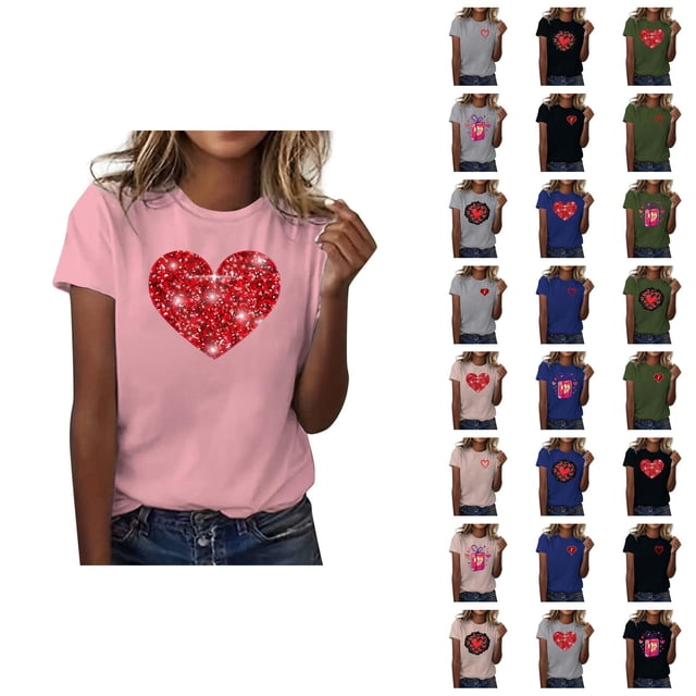 T-shirts de la Saint-Valentin pour Femmes 2026 Mode Manches Courtes Col Rond Cœur Graphique