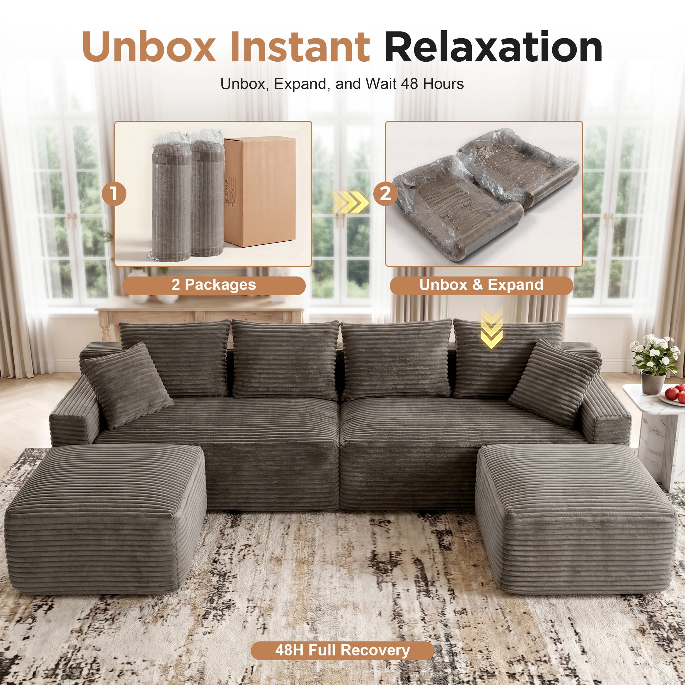 Aenkyo 115" Corduroy U-Shaped Modular Sectional Sofa with 2 Ottomans, 4-Seater, Brown