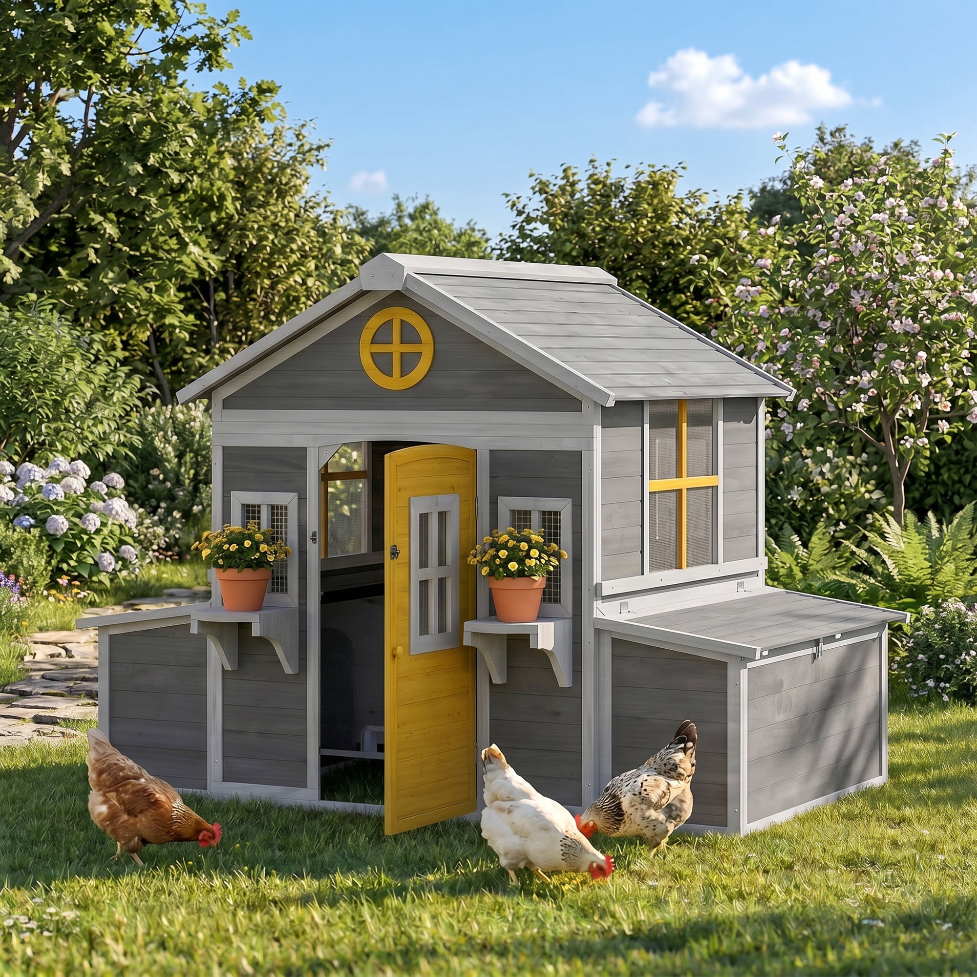 PawHut Wooden Chicken Coop, Hen House for 2-4 Hens, Outdoor Playhouse Poultry Cage with 2 Nesting Boxes, Waterproof Roof, Windows