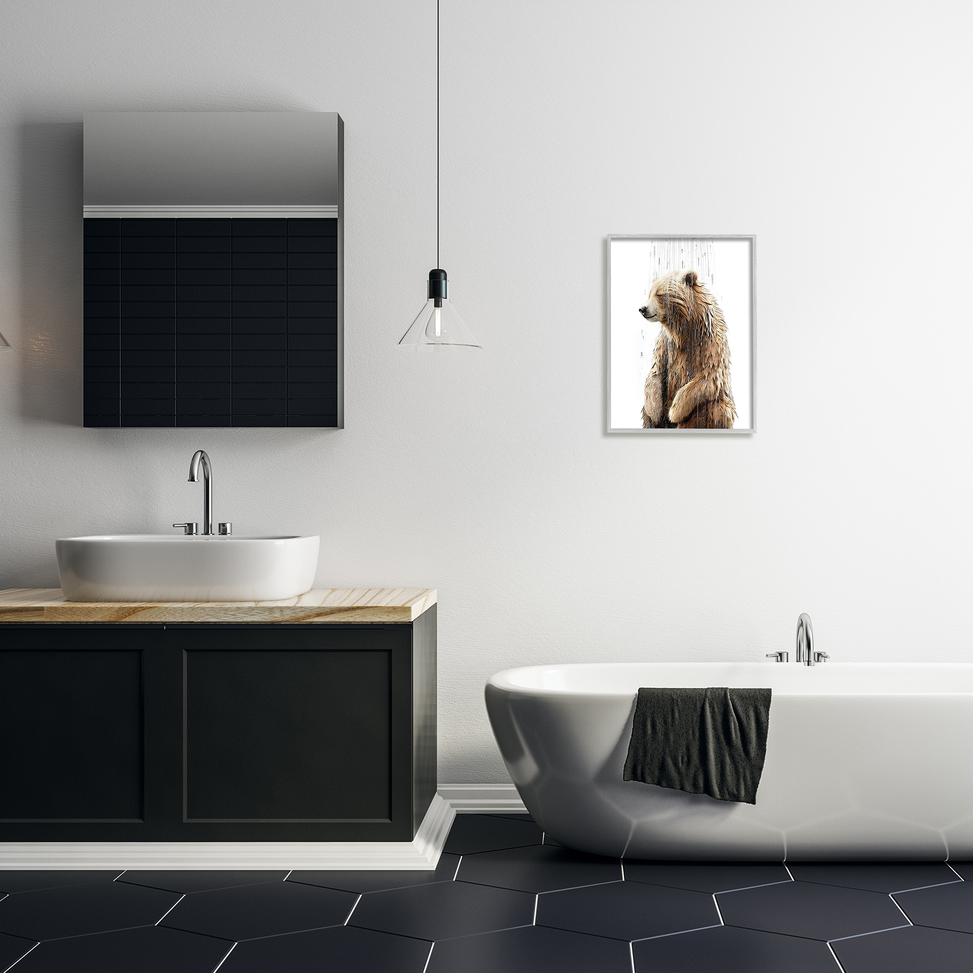 Stupell Industries Bear Shower Splash Animals & Insects Painting Gray Framed Art Print Wall Art, 16 x 20
